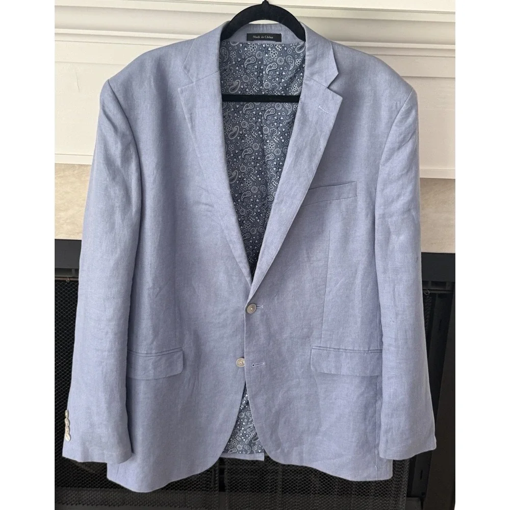 Lauren Ralph Lauren Men's 44L Blue 100% Linen Sport Coat Blazer Paisley Lined